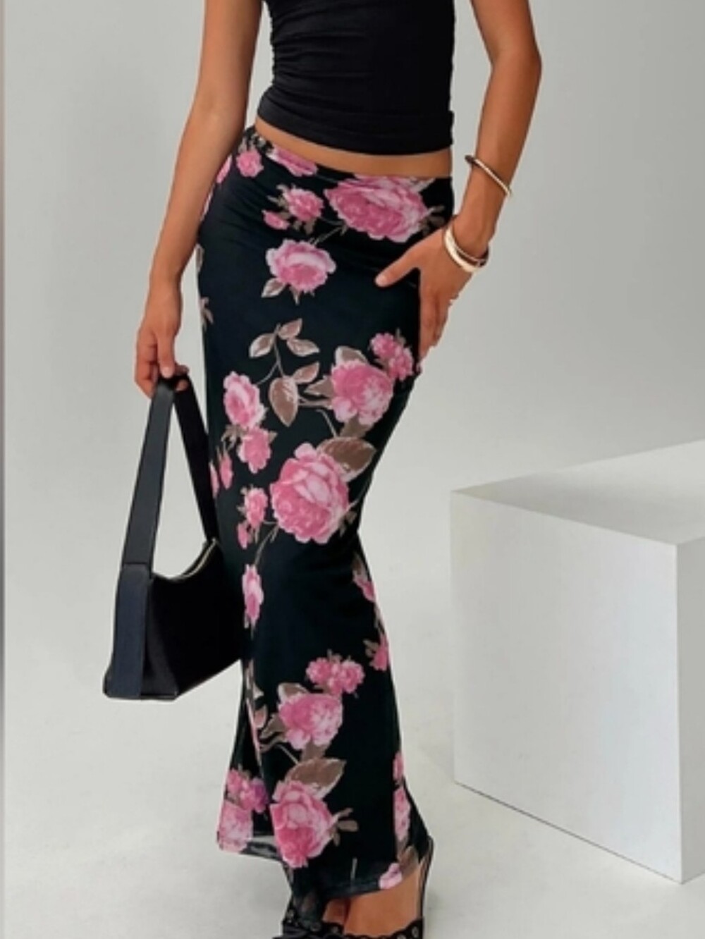Princess Polly Black With Pink Floral Mesh Skirt Or Tube Dress